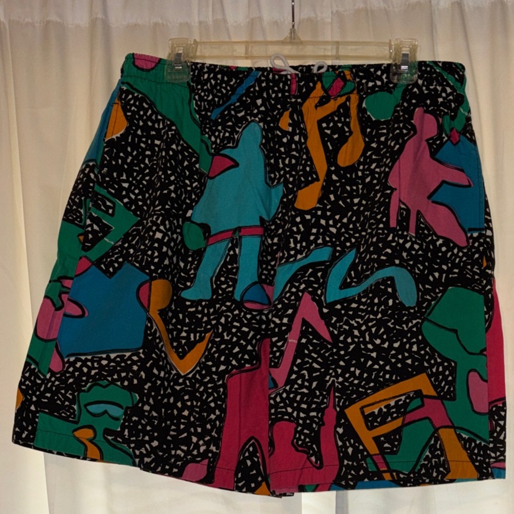 High-Waist Abstract Print Women’s Shorts - Black with Teal, Pink & Gold Accents